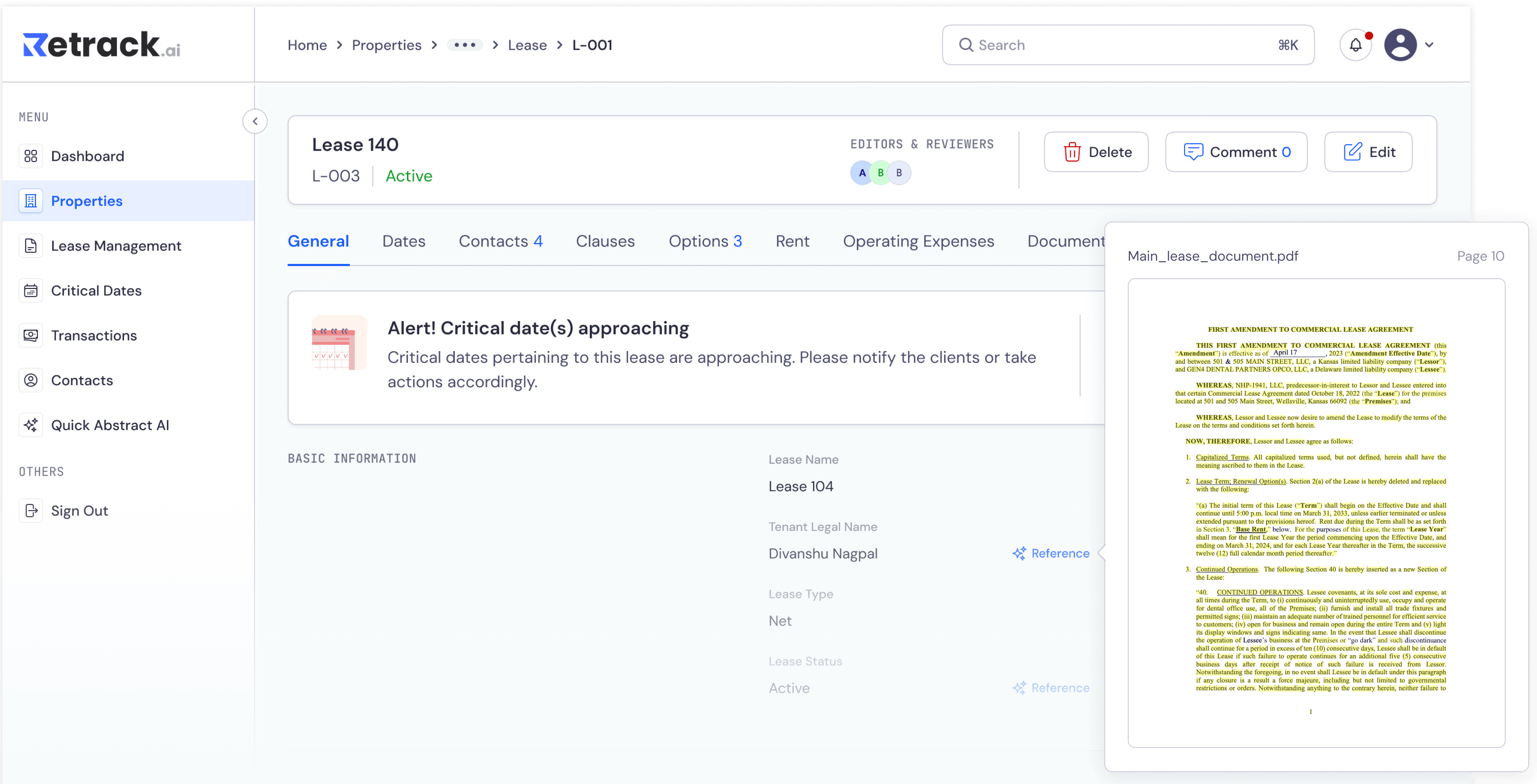 Retrack tenant experience and lease management interface