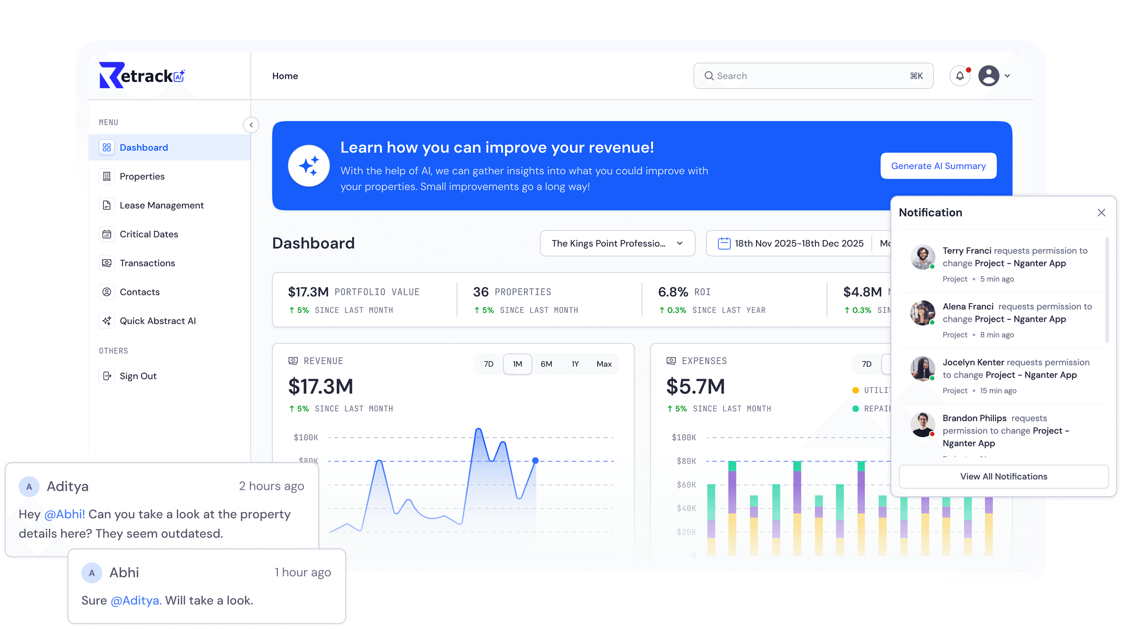 Retrack commercial real estate dashboard with lease and portfolio overview