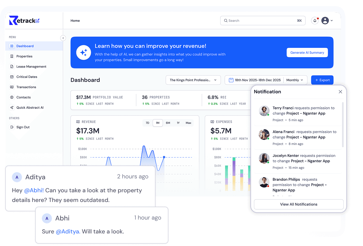 Retrack commercial real estate dashboard with lease and portfolio overview